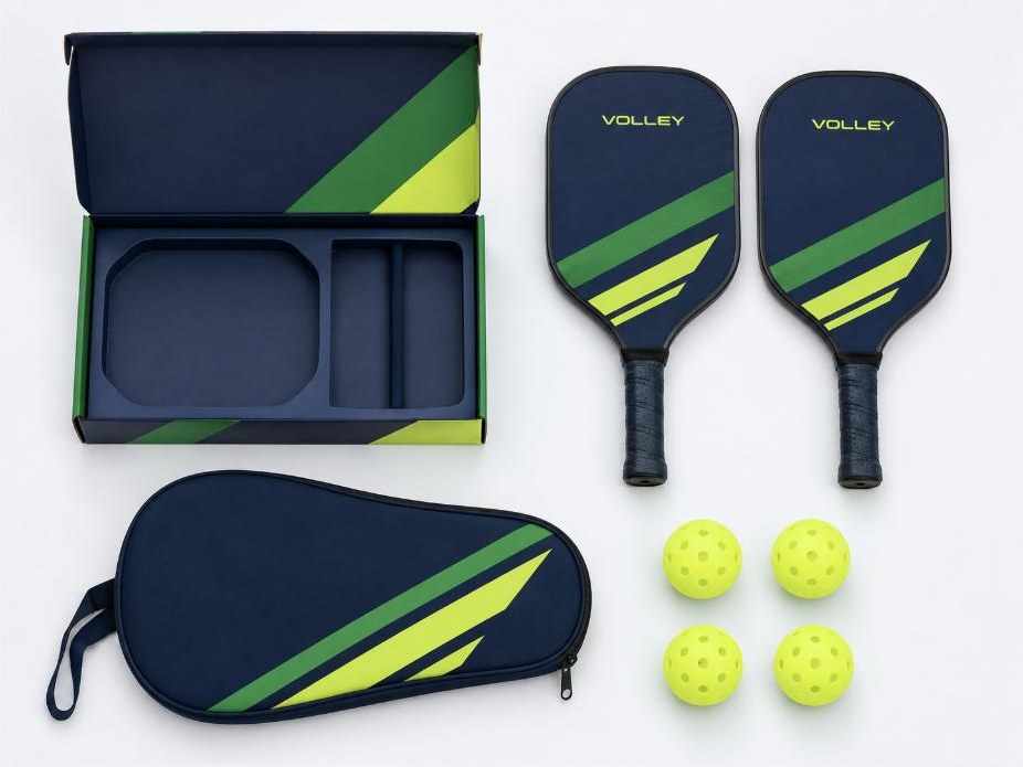Custom branded pickleball paddle gift set with paddles, balls, and a case