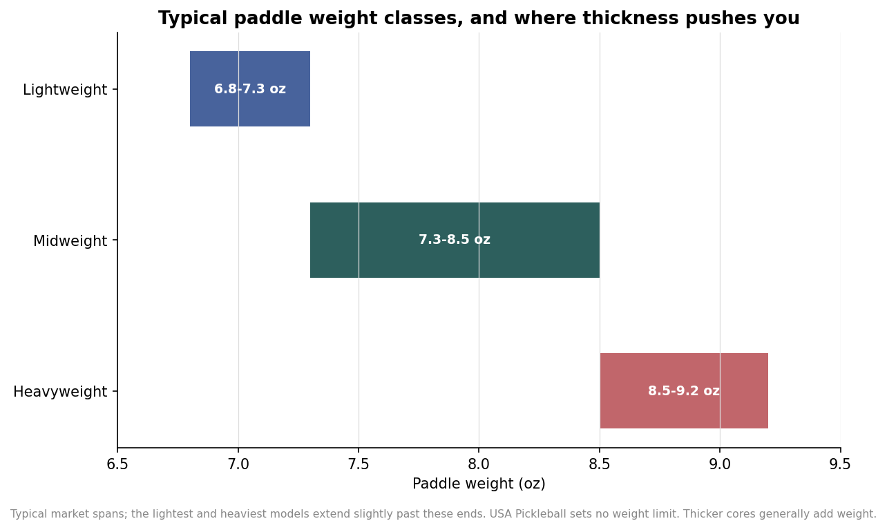 Range bar chart of typical pickleball paddle weight classes in ounces: lightweight, midweight, and heavyweight